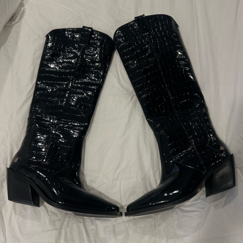 Anine Bing Shiny Black Croc-Embossed Heeled Boots